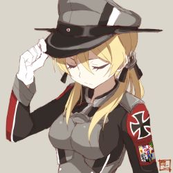 Rule 34 | 10s, 1girl, blonde hair, closed eyes, gloves, hat, kantai collection, long hair, military, military uniform, peaked cap, prinz eugen (kancolle), shigino sohuzi, simple background, solo, twintails, uniform, white gloves