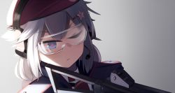 Rule 34 | + +, 1girl, assault rifle, beret, blue eyes, blue jacket, closed mouth, flower-shaped pupils, girls&#039; frontline, grey background, grey hair, hair ornament, hat, headphones, hinami047, holding, holding weapon, jacket, kalashnikov rifle, long hair, looking away, necktie, one eye closed, open clothes, open jacket, ots-12 (girls&#039; frontline), ots-12 tiss, red headwear, russian flag, solo focus, soviet flag, star-shaped pupils, star (symbol), star hair ornament, symbol-shaped pupils, weapon