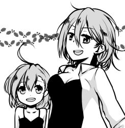 Rule 34 | 2girls, age difference, ahoge, alternate costume, bare shoulders, breasts, child, cleavage, commentary request, dot nose, greyscale, hair between eyes, height difference, i.u.y, large breasts, last order (toaru majutsu no index), long sleeves, medium hair, messy hair, misaka worst, monochrome, multiple girls, open clothes, open mouth, open shirt, siblings, sisters, sleeveless, smile, teeth, toaru majutsu no index, toaru majutsu no index: old testament, upper body, upper teeth only