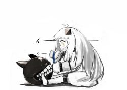 Rule 34 | 10s, 1girl, abyssal ship, ahoge, black panties, clenched teeth, colored skin, dress, from side, glowing, glowing eyes, horns, kantai collection, long hair, looking at another, mittens, northern ocean princess, panties, simple background, sitting, sleeveless, sleeveless dress, solo, takamura wamu, teeth, underwear, white dress, white hair, white skin, yellow eyes
