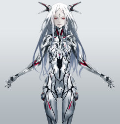 Rule 34 | 10s, 1girl, beatless, bodysuit, breasts, grey background, highres, long hair, looking at viewer, md5 mismatch, original, red eyes, redjuice, simple background, skin tight, small breasts, solo, white hair