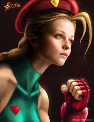 Rule 34 | 1girl, beret, blonde hair, blue eyes, braid, cammy white, clenched hand, collarbone, fingerless gloves, forehead, gloves, hat, highres, leotard, lips, long hair, nose, realistic, robert bartling, scar, skin tight, solo, street fighter, turtleneck, twin braids