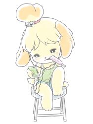 1girl animal_crossing animal_ears barefoot bell blonde_hair blush cellphone chair cup drinking_straw food full_body hair_ornament highres holding holding_phone isabelle_(animal_crossing) nintendo phone rakugaken sitting smartphone smile solo tail