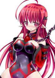 Rule 34 | 1girl, ahoge, blush, breast suppress, breasts, chain, collar, covered erect nipples, detached sleeves, ear piercing, givuchoko, hands on own chest, impossible clothes, jpeg artifacts, leotard, long hair, original, piercing, pointy ears, red eyes, red hair, shiny clothes, simple background, solo, white background