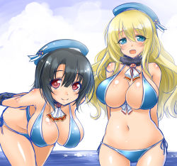 Rule 34 | 10s, 2girls, arms behind back, atago (kancolle), beach, bent over, bikini, black gloves, black hair, blonde hair, blue bikini, blue eyes, blue hat, blush, body blush, breasts, cleavage, female focus, gloves, hanging breasts, hat, kantai collection, large breasts, leaning forward, long hair, looking at viewer, multiple girls, navel, ocean, okitakung, open mouth, outdoors, personification, red eyes, shiny skin, short hair, side-tie bikini bottom, sky, smile, strap gap, swimsuit, takao (kancolle), water