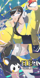 Rule 34 | 1girl, artist name, black hair, blue background, blue eyes, blue nails, breasts, character name, coat, commentary request, creatures (company), electricity, elesa (pokemon), emolga, game freak, gen 5 pokemon, hand up, headphones, highres, holding, holding poke ball, long hair, long sleeves, midriff, nintendo, poke ball, pokemon, pokemon (creature), pokemon bw2, red nails, small breasts, under etchan, yellow coat