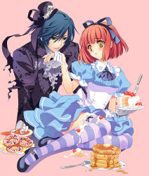 Rule 34 | 1boy, 1girl, alice (alice in wonderland), alice (alice in wonderland) (cosplay), alice in wonderland, aqua dress, black hair, blue eyes, blush, bow, butter, butter knife, cake, carnelian, cosplay, couple, cup, doughnut, dress, food, fork, fruit, gloves, hair bow, hair ribbon, hat, hetero, ichinose tokiya, licking, mad hatter (alice in wonderland), mad hatter (alice in wonderland) (cosplay), mary janes, mini hat, mini top hat, multicolored eyes, nanami haruka, pancake, ribbon, saucer, shoes, short hair, simple background, spill, strawberry, striped clothes, striped thighhighs, tea, teacup, thighhighs, tongue, top hat, uta no prince-sama, white gloves