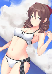Rule 34 | 1girl, bikini, blue sky, bow, breasts, brown hair, checkered clothes, checkered necktie, checkered neckwear, cleavage, cloud, commentary request, day, drill hair, dutch angle, hair bow, harukaze (kancolle), highres, kantai collection, looking at viewer, medium breasts, navel, necktie, outdoors, red bow, red eyes, sky, smile, solo, standing, swimsuit, taira yuuki, tenryuu (kancolle), twin drills, white bikini