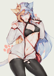 Rule 34 | 1girl, :p, animal ears, bag, black thighhighs, blue eyes, blue hair, breasts, cat ears, cat tail, cleavage, cleavage cutout, clothing cutout, hair between eyes, highres, jacket, long hair, long sleeves, looking at viewer, medium breasts, multicolored hair, nail polish, navel, object on head, original, panties, panties on head, paw print, red nails, simple background, softmode, solo, striped clothes, striped panties, stylus, tail, thighhighs, tongue, tongue out, underboob, underwear