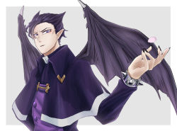 Rule 34 | 1boy, black nails, bracelet, capelet, demon wings, grey background, highres, jewelry, long sleeves, looking at viewer, mairimashita! iruma-kun, male focus, naberius kalego, nail polish, natume60309, petals, pointy ears, purple eyes, simple background, solo, spiked bracelet, spiked hair, spikes, upper body, wings