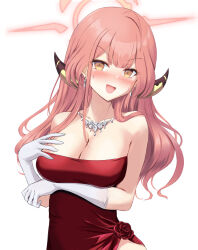 Rule 34 | 1girl, aru (blue archive), aru (dress) (blue archive), blue archive, blush, breasts, brown horns, cleavage, demon horns, dress, earrings, gloves, habu rin, halo, highres, horns, jewelry, large breasts, long hair, looking at viewer, necklace, official alternate costume, open mouth, pink hair, pink halo, red dress, simple background, solo, strapless, strapless dress, textless version, upper body, white background, white gloves, yellow eyes