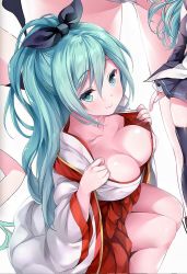 Rule 34 | 1girl, aqua eyes, aqua hair, ass, black serafuku, black skirt, black thighhighs, blush, breasts, chiyingzai, cleavage, collarbone, from above, from behind, hair between eyes, hair ribbon, head out of frame, japanese clothes, kantai collection, large breasts, long hair, looking at viewer, miko, multiple views, open clothes, panties, pleated skirt, ponytail, ribbon, school uniform, serafuku, simple background, sitting, skindentation, skirt, smile, standing, striped clothes, striped skirt, thighhighs, underwear, unfinished, white background, white panties, wide sleeves, yamakaze (kancolle)
