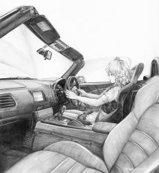 Rule 34 | 1girl, apron, braid, car, car interior, car seat, closed mouth, colored pencil (medium), convertible, dress, driving, from side, graphite (medium), greyscale, highres, honda, honda s2000, izayoi sakuya, looking away, maid headdress, monochrome, motor vehicle, outstretched arms, profile, red pond, right-hand drive, seatbelt, short sleeves, side braid, simple background, sitting, smile, solo, steering wheel, touhou, traditional media, vest, waist apron, white background