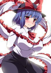 Rule 34 | 1girl, arms behind back, ascot, blue hair, blush, bow, breasts, cleavage, female focus, hat, hat bow, hat ribbon, hip focus, impossible clothes, impossible shirt, large breasts, long skirt, long sleeves, looking at viewer, nagae iku, red eyes, ribbon, sama samasa, shirt, simple background, skirt, smile, solo, standing, taut clothes, taut shirt, touhou, white background