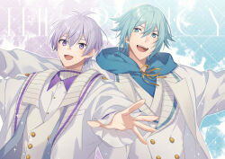 Rule 34 | 2boys, aiue o eiua, blue background, blue eyes, blue hair, blue hoodie, coat, commentary request, highres, hood, hoodie, idolish7, leaning back, light blue hair, looking at viewer, male focus, mezzo&quot;, multiple boys, open mouth, osaka sougo, outstretched arms, purple background, purple eyes, purple hair, shirt, short hair, smile, spread arms, teeth, two-tone background, upper body, upper teeth only, vest, white coat, white shirt, white vest, yotsuba tamaki
