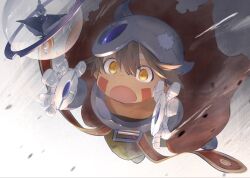 Rule 34 | 1boy, brown hair, cape, dark skin, facial mark, fake horns, falling, headlamp, helmet, highres, hitosoroi, horned helmet, horns, made in abyss, male focus, mechanical arms, open mouth, regu (made in abyss), short hair, solo, star compass, yellow eyes