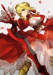 Rule 34 | 10s, 1girl, absurdres, aestus estus, ahoge, armored boots, ashiwara yuu, blonde hair, blush, boots, braid, breasts, cleavage, commentary request, dress, epaulettes, fate/extra, fate (series), grey background, hair between eyes, hair bun, hair intakes, head tilt, highres, holding, holding sword, holding weapon, juliet sleeves, knee boots, long hair, long sleeves, looking at viewer, medium breasts, nero claudius (fate), nero claudius (fate) (all), nero claudius (fate/extra), parted lips, petals, puffy sleeves, red dress, see-through, sidelocks, simple background, single hair bun, solo, sword, weapon, wide sleeves