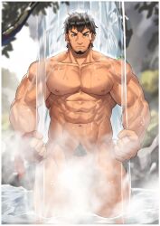Rule 34 | 1boy, abs, bad id, bad weibo id, bara, clenched hands, completely nude, convenient censoring, facial hair, feet out of frame, frown, goatee, highres, large pectorals, long sideburns, looking at another, male focus, male pubic hair, mature male, muscular, muscular male, navel, nipples, nude, original, pectorals, pubic hair, short hair, sideburns, solo, standing, steam, steam censor, stomach, tekkowang, thick thighs, thighs, training, water, waterfall, wet, wet hair