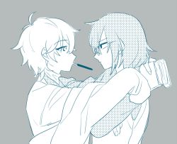 Rule 34 | 2boys, box, closed mouth, facing another, food, food in mouth, glasses, grey background, greyscale, holding, holding box, hug, ishihara usumi, kashii kaoru, kisaragi ren (mahjong soul), long sleeves, mahjong soul, male focus, monochrome, multiple boys, pocky, pocky in mouth, sketch, yaoi