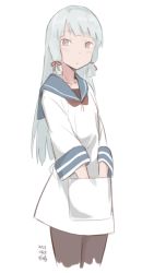 Rule 34 | 1girl, adapted costume, black pantyhose, blue sailor collar, blunt bangs, cropped legs, dress, hair ribbon, hands in pocket, hikashima (shiofune), kantai collection, long hair, looking at viewer, murakumo (kancolle), orange eyes, pantyhose, pocket, ribbon, sailor collar, sailor dress, sidelocks, silver hair, simple background, solo, tress ribbon, white background