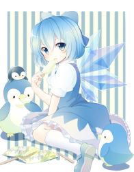 Rule 34 | &gt; &lt;, 1girl, arm support, bad id, bad pixiv id, between legs, bird, blue eyes, blue hair, blush, bow, chibi, cirno, dress, dress shirt, closed eyes, fang, food, hair bow, hand between legs, highres, ice, ice cream, isk, kneehighs, mary janes, matching hair/eyes, open mouth, package, penguin, popsicle, puffy sleeves, shirt, shoes, short hair, sitting, socks, solo, striped, striped background, touhou, wariza, white socks, wings
