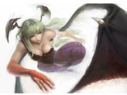 Rule 34 | 1girl, animal print, bad id, bad pixiv id, bat print, breasts, capcom, cleavage, demon girl, downblouse, from above, head wings, large breasts, mole, morrigan aensland, occult soda, pantyhose, print pantyhose, solo, vampire (game), wings