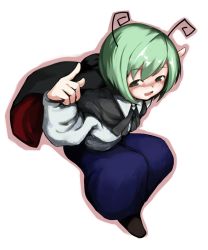 Rule 34 | 1girl, antennae, cape, fang, female focus, from above, green eyes, green hair, hetareya, index finger raised, laboto, matching hair/eyes, open mouth, outline, short hair, smile, solo, touhou, wriggle nightbug