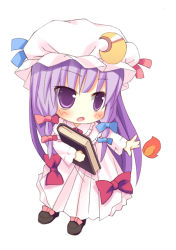 Rule 34 | 1girl, bow, braid, chibi, crescent, crescent hat ornament, female focus, full body, hat, hat ornament, long hair, meito (maze), patchouli knowledge, photoshop (medium), pink bow, purple eyes, purple hair, solo, touhou