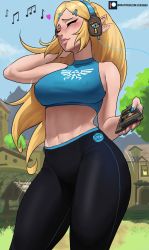 Rule 34 | 1girl, absurdres, black pants, blue nails, blue sports bra, blush, braid, breasts, cable, cellphone, closed eyes, commentary, contemporary, contrapposto, covered erect nipples, curvy, day, ear wiggle, echo saber, english commentary, fingernails, french braid, hair ornament, hairclip, highres, linea alba, lips, listening to music, long hair, medium breasts, midriff, musical note, nail polish, navel, nintendo, nose, outdoors, paid reward available, pants, parted bangs, phone, pointy ears, princess zelda, smartphone, solo, sports bra, the legend of zelda, the legend of zelda: breath of the wild, thick thighs, thighs, tight clothes, tight pants, toned, yoga pants
