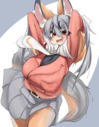Rule 34 | 1girl, absurdres, animal costume, animal ear fluff, animal ears, belt, blazer, breasts, fox ears, fox girl, fox tail, gloves, grey hair, highres, island fox (kemono friends), jacket, kemono friends, kneehighs, large breasts, long hair, looking at viewer, multicolored hair, necktie, open mouth, orange hair, scarf, simple background, skirt, smile, socks, solo, tail, twintails, urisaba