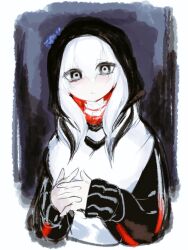 1girl ai-generated_art_(topic) black_eyes blush closed_mouth colored_skin commentary creepypasta english_commentary flower hair_between_eyes hair_ornament hood hood_up jeff_the_killer jeff_the_killer_(ai-gen) long_hair long_sleeves looking_at_viewer own_hands_together solo upper_body usa37107692 white_background white_hair white_skin