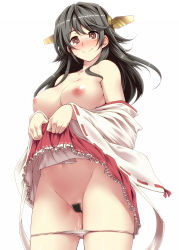 Rule 34 | 10s, 1girl, bare shoulders, blush, breasts, brown eyes, brown hair, clothes lift, female pubic hair, frilled skirt, frills, haruna (kancolle), heart, heart-shaped pupils, highres, japanese clothes, kantai collection, large breasts, lifted by self, miniskirt, navel, nipples, panties, panty pull, pubic hair, pussy, pussy juice, ribbon-trimmed sleeves, ribbon trim, skirt, skirt lift, smile, solo, symbol-shaped pupils, tro, uncensored, underwear