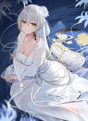 Rule 34 | 1girl, absurdres, arm under breasts, azur lane, banner, breasts, china dress, chinese clothes, cleavage, closed mouth, dress, hai tien (autumn night of wandering spirits) (azur lane), hai tien (azur lane), hair between eyes, highres, lake, large breasts, long hair, looking at viewer, moon, multicolored hair, night, official alternate costume, qing wu, reflection, sitting, solo, streaked hair, very long hair, wariza, white dress, white hair, wide sleeves, yellow eyes