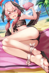 Rule 34 | 1girl, beach, bikini, black bikini, black bow, black wings, blue archive, blush, bow, commentary, day, double-parted bangs, feathered wings, floral print, front-tie bikini top, front-tie top, halo, head wings, highres, koharu (blue archive), koharu (swimsuit) (blue archive), long hair, looking at viewer, low twintails, low wings, official alternate costume, open mouth, outdoors, pink eyes, pink hair, pink halo, print bikini, solo, swimsuit, twintails, wings, yu ni t