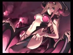 Rule 34 | 00s, 1girl, alternate costume, ar tonelico, ar tonelico i, aurica nestmile, bat wings, bracelet, breasts, brown hair, demon girl, from below, game cg, gust, horns, jewelry, large breasts, long hair, nagi ryou, official art, skull, smile, solo, thighhighs, underboob, wings