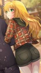 Rule 34 | 1boy, 1girl, blonde hair, blurry, blurry background, blush, cowlick, green eyes, green shorts, hanamasa ono, highres, hood, hoodie, hoshii miki, idolmaster, idolmaster (classic), jacket, light particles, locked arms, long hair, looking to the side, outdoors, plaid, plaid jacket, pocket, producer (idolmaster), short shorts, shorts, smile