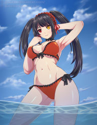 Rule 34 | 1girl, :d, adapted costume, arm behind head, arm up, armpits, asymmetrical hair, bikini, black hair, blue sky, breasts, clock eyes, cloud, cloudy sky, commentary, cowboy shot, date a live, day, english commentary, frilled bikini, frills, gothic lolita, groin, hairband, hand up, heterochromia, highres, jyu ichi, lolita fashion, lolita hairband, looking at viewer, medium breasts, navel, ocean, open mouth, orange bikini, outdoors, red eyes, sky, smile, solo, swimsuit, symbol-shaped pupils, tokisaki kurumi, twintails, watermark, web address, yellow eyes