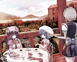 Rule 34 | 3girls, bad id, bad pixiv id, blue hair, book, commentary, crescent, food, fork, hat, izayoi sakuya, misty lake, mob cap, mountain, multiple girls, nekoya (liu), open mouth, patchouli knowledge, plate, purple hair, red eyes, remilia scarlet, scarlet devil mansion, silver hair, touhou
