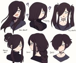 Rule 34 | 1boy, alternate hairstyle, black hair, braid, braided ponytail, choker, english text, hair bun, hair over one eye, hair over shoulder, highres, long hair, multiple views, open mouth, original, ponytail, profile, roland (ms pigtails), scissors, short hair, sidelocks, simple background, single hair bun, sky guy art, smile, trap, twintails, white background