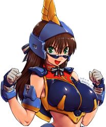 Rule 34 | 1girl, :d, amania orz, armpit peek, barzam, blush, breasts, brown hair, crop top, gloves, green eyes, gundam, hair between eyes, helm, helmet, large breasts, long hair, looking at viewer, open mouth, personification, smile, solo, sunglasses, upper body, v-shaped eyebrows, white gloves