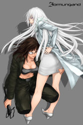 Rule 34 | 2girls, abs, belt, breasts, brown hair, business suit, cleavage, collarbone, eyepatch, fenrir (fenlil0316), formal, from behind, fur trim, grey background, grin, hand on own hip, high heels, highres, hip focus, jacket, jormungand (manga), knife, koko hekmatyar, large breasts, long hair, looking back, multiple girls, navel, open mouth, pencil skirt, purple eyes, reverse grip, shoes, silver hair, simple background, skirt, skirt suit, smile, sofia valmer, squatting, suit, weapon, wrist cuffs, yellow eyes