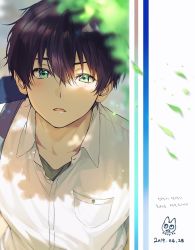 Rule 34 | 1boy, artist logo, artist name, black hair, blush, collar, collarbone, collared shirt, commentary request, dated, green eyes, hair between eyes, highres, hyouka, korean commentary, korean text, looking at viewer, male focus, mery (yangmalgage), open mouth, oreki houtarou, school uniform, shirt, simple background, solo, upper body, white shirt