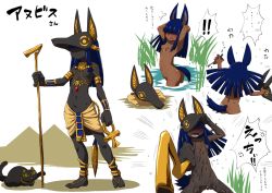 Rule 34 | 1girl, anger vein, angry, animal ears, ankh, anubis (mythology), ass, bathing, blunt bangs, blush, bodypaint, breasts, cat, caught, dark skin, dirty, dog ears, dog tail, egyptian, egyptian mythology, hair over eyes, jewelry, long hair, looking at viewer, mask, mud, multiple views, navel, neck ring, nipples, nose blush, nude, open mouth, original, pyramid (structure), scared, small breasts, staff, tail, uchuu ika, water