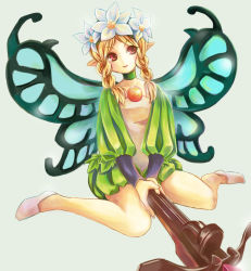 Rule 34 | 1girl, blonde hair, bow (weapon), braid, butterfly wings, choker, crossbow, fairy, flat chest, flats, flower, full body, hair flower, hair ornament, highres, insect wings, long sleeves, mercedes (odin sphere), odin sphere, pointy ears, puff and slash sleeves, puffy long sleeves, puffy sleeves, red eyes, rito (ritostyle), sitting, smile, solo, twin braids, wariza, weapon, wings