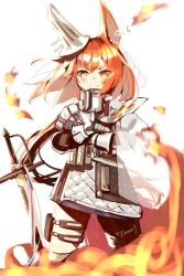Rule 34 | 1girl, animal ears, arknights, crossed arms, fire, flametail (arknights), gauntlets, hellnyaa, padded armor, pouch, red hair, smile, squirrel ears, squirrel tail, sword, tail, thigh pouch, weapon, white background