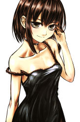 Rule 34 | 1girl, bare arms, bare shoulders, black dress, black neckwear, blush, breasts, brown hair, choker, closed mouth, collarbone, commentary request, dress, grey eyes, hand in own hair, highres, kotoba noriaki, looking at viewer, nightgown, off shoulder, original, short hair, simple background, small breasts, smile, solo, upper body, white background