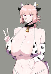 Rule 34 | 1girl, animal ears, animal print, bell, bikini, breasts, cleavage, collar, cow ears, cow horns, cow print, cowbell, curvy, fake animal ears, fake horns, fate/grand order, fate (series), florence nightingale (fate), fujou joshi, grey background, hairband, horns, huge breasts, long hair, looking at viewer, navel, neck bell, nose piercing, piercing, pink eyes, pink hair, solo, stomach, sweat, swimsuit, v, wide hips