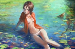 Rule 34 | 1girl, arm support, bikini, blue eyes, breasts, brown hair, female focus, flower, front-tie top, highres, lips, looking at viewer, lotus, nababa, navel, original, parted lips, partially submerged, small breasts, solo, swimsuit, water, white bikini