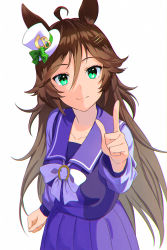 Rule 34 | 1girl, absurdres, ahoge, bow, bowtie, breasts, brown hair, closed mouth, collarbone, cowboy shot, green eyes, hair ornament, hairclip, hand up, hat, highres, hira (hinakomochi), long hair, long sleeves, looking at viewer, medium breasts, mini hat, mini top hat, mr. c.b. (umamusume), pleated skirt, pointing, pointing at viewer, purple shirt, purple skirt, sailor collar, school uniform, shirt, skirt, smile, solo, top hat, tracen school uniform, umamusume, white background, white bow, white bowtie