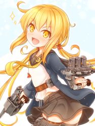 Rule 34 | 1girl, absurdres, adapted turret, armband, black sailor collar, black skirt, black thighhighs, blonde hair, blue jacket, cannon, commentary request, cowboy shot, crescent, crescent hair ornament, crescent pin, dual wielding, hair ornament, highres, holding, jacket, kantai collection, long hair, looking at viewer, low twintails, neckerchief, pleated skirt, sailor collar, satsuki (kancolle), satsuki kai ni (kancolle), school uniform, serafuku, simple background, skirt, smile, solo, suzushiro (gripen39), thighhighs, turret, twintails, white background, yellow neckerchief